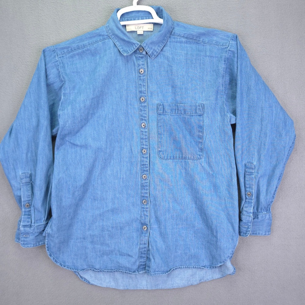 LOFT Denim Shirt Chambray Button Down Blue XSP Petite Cotton Long Sleeve Pocket